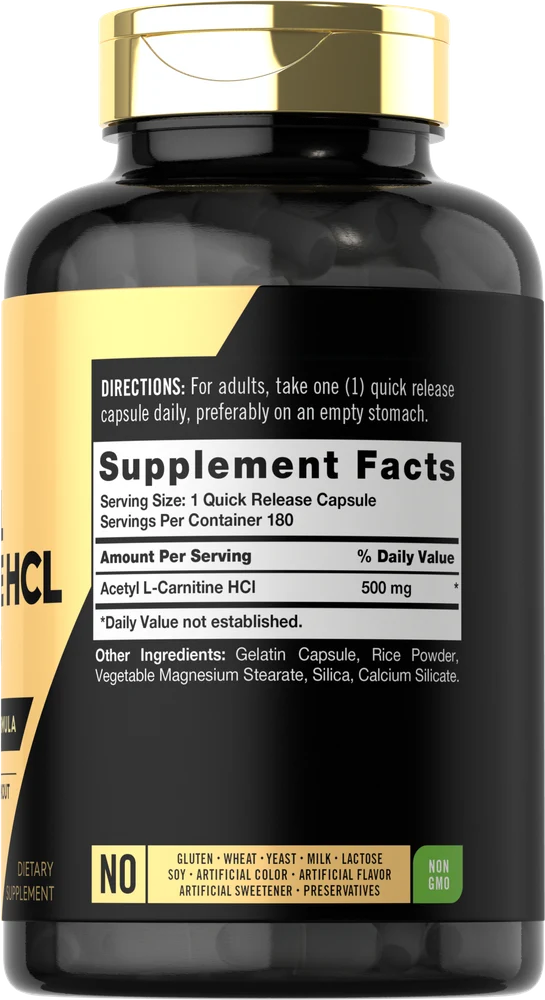 Acetyl L-Carnitine HCL 500mg per serving | 180 Capsules - Image 2
