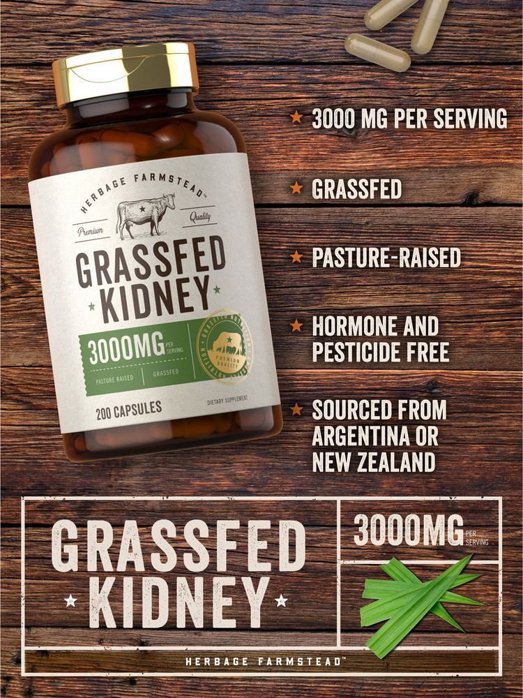 Grass Fed Beef Kidney 3000mg per serving | 200 Capsules - Image 3